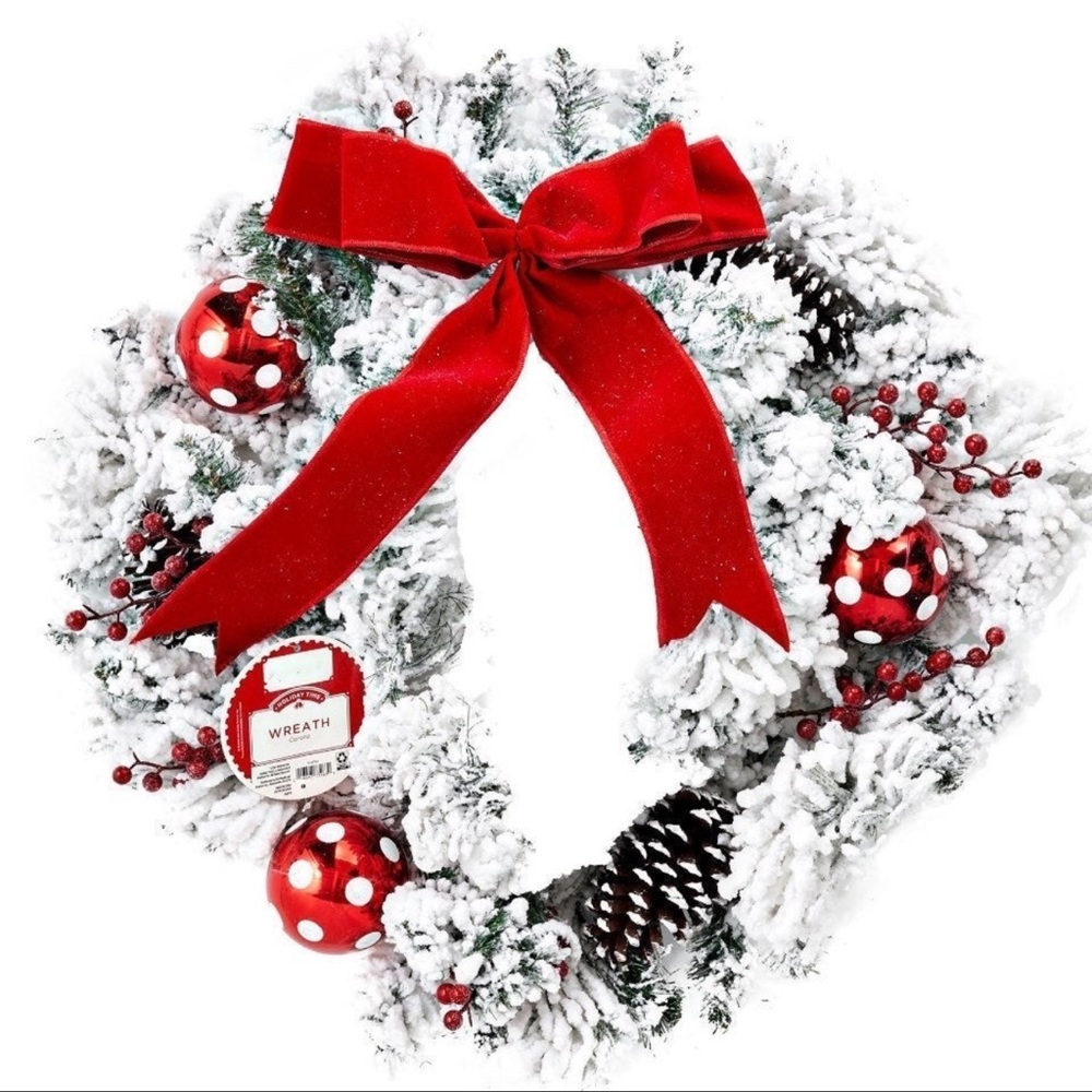 Holiday Time Frosted 28” Pinecone & Red Ornament Christmas Wreath with Ribbon